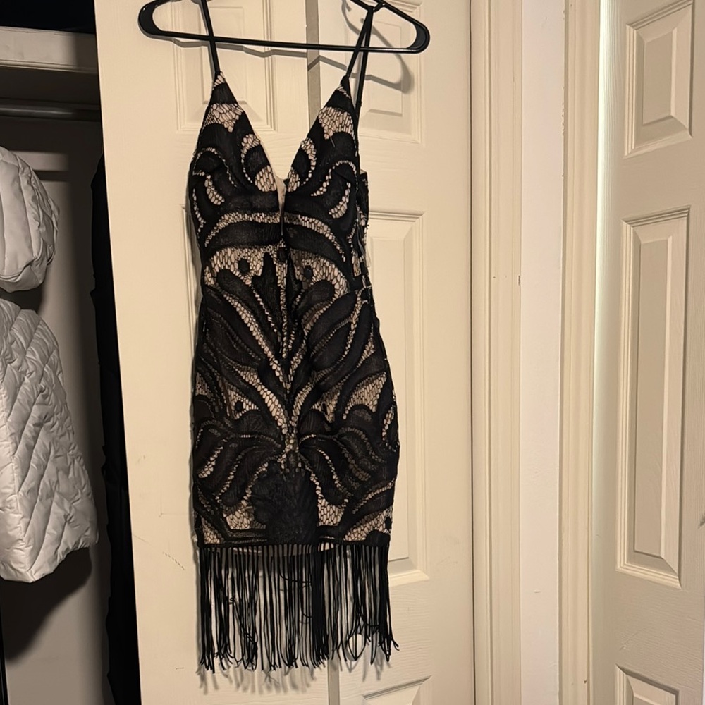 Black and Cream Fringe Dress
